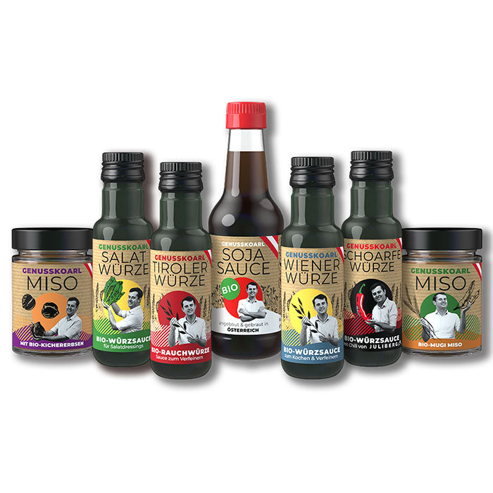 Bio-Würzsaucen, Bio-Misos und Bio-Sojasauce von Genusskoarl aus Österreich.
