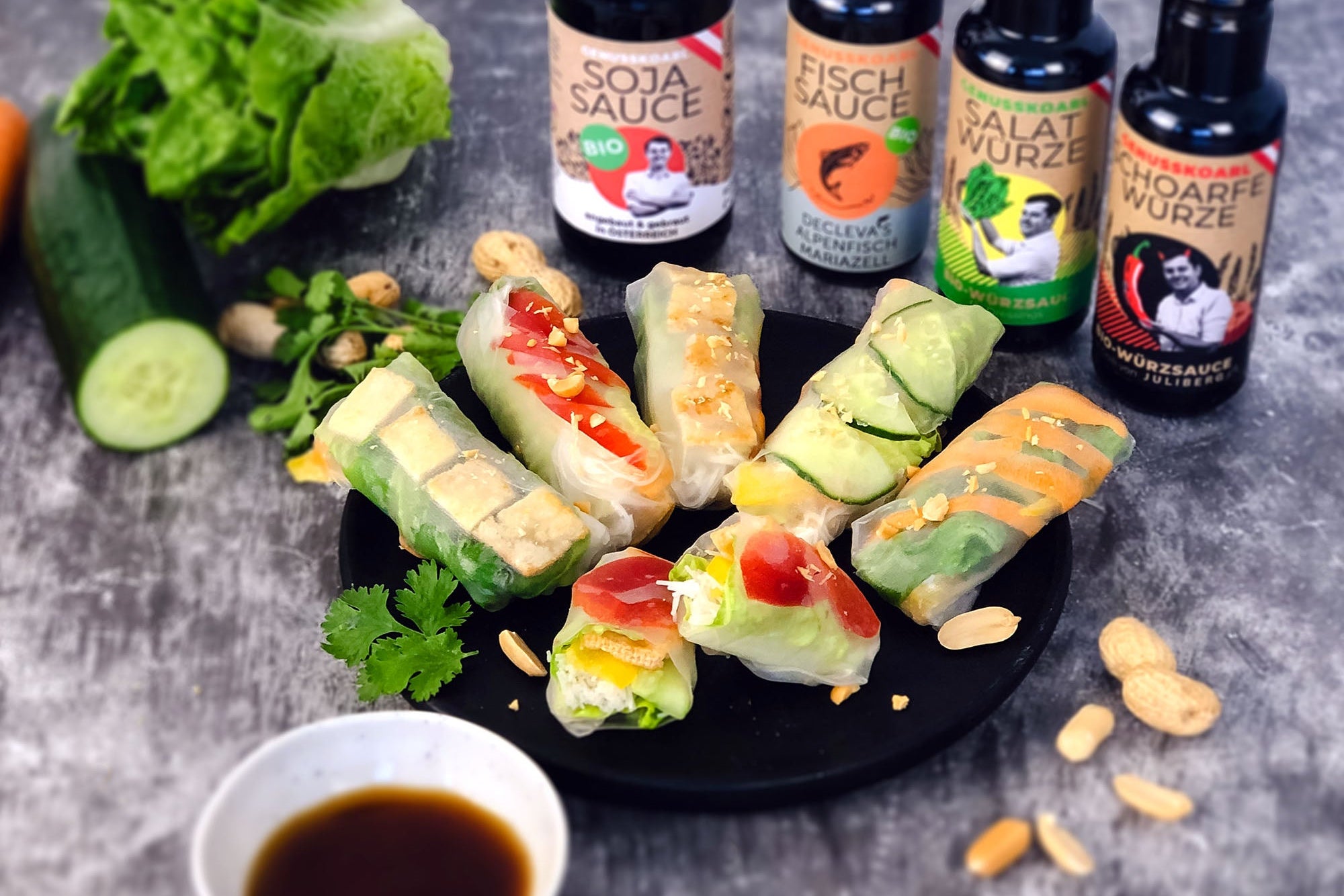 Sommerrollen mit Dip und Genusskoarl Würzsaucen