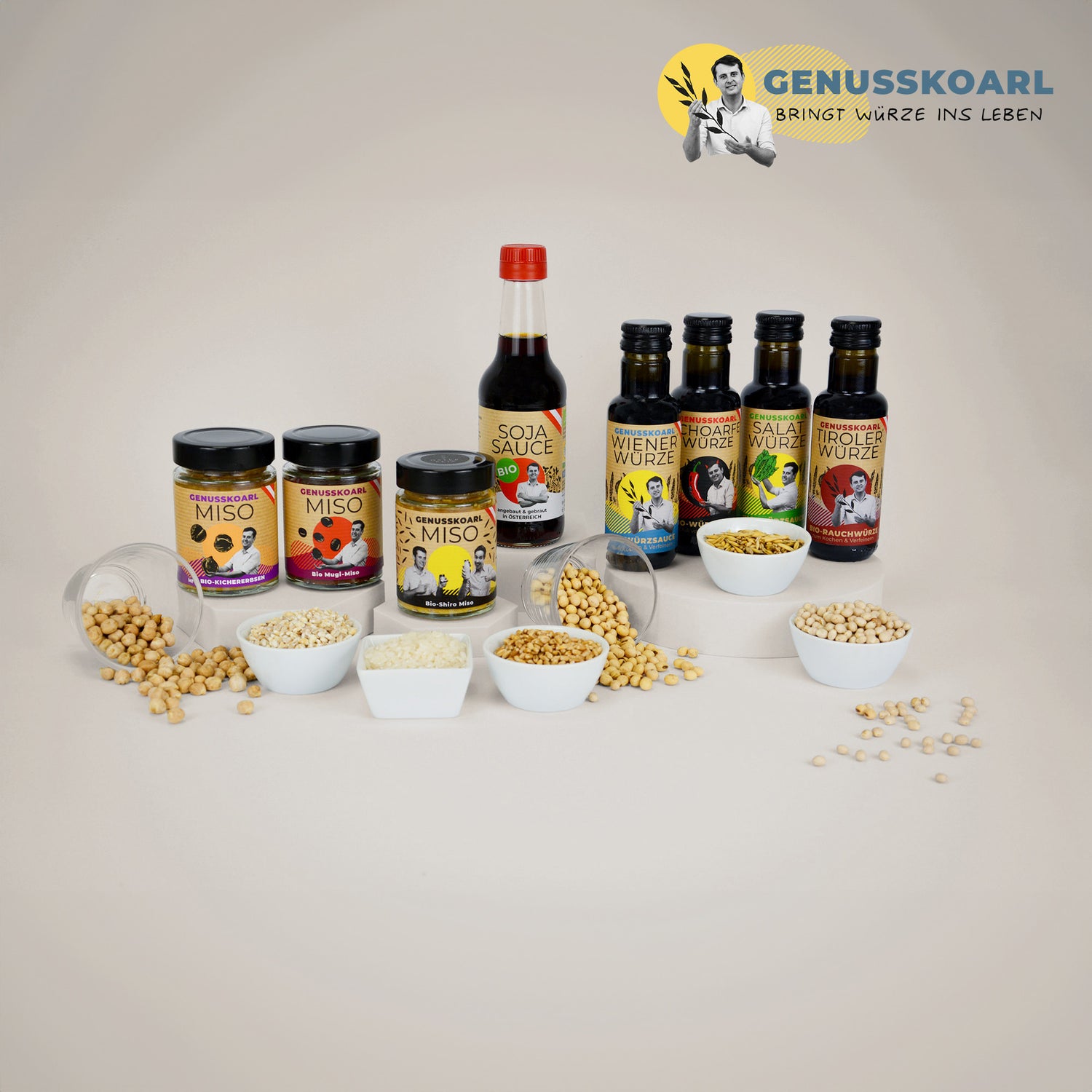 Genusskoarl Sortiment: Kichererbsen-, Mugi- & Shiro Miso, Sojasauce, Wiener-, Schoarfe-, Salat- & TirolerWürze
