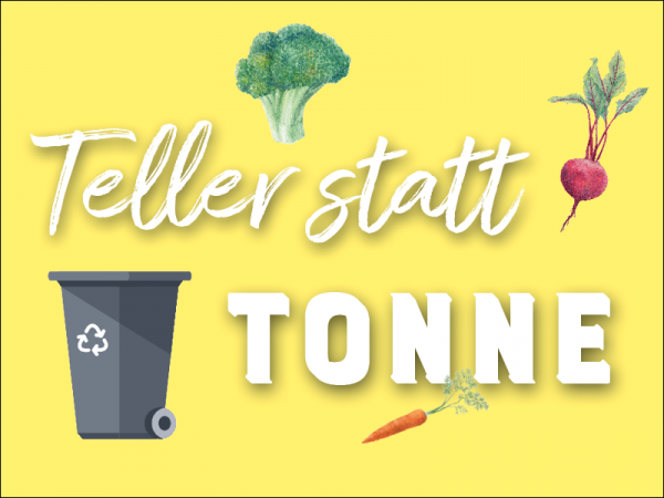 Grafik „TellerTonne“ – stilisierter Teller, der in Mülltonne mündet, symbolisiert Lebensmittelabfall, nachhaltige Themen und Zero‑Waste‑Ansatz 