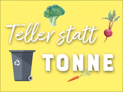 Grafik „TellerTonne“ – stilisierter Teller, der in Mülltonne mündet, symbolisiert Lebensmittelabfall, nachhaltige Themen und Zero‑Waste‑Ansatz 