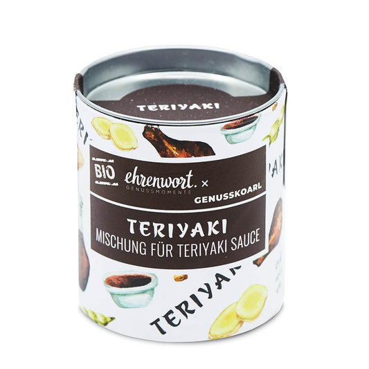 Packshot der Bio-Gewürzmischung für Teriyaki Sauce. Eine Zusammenarbeit von Ehrenwort und Genusskoarl.